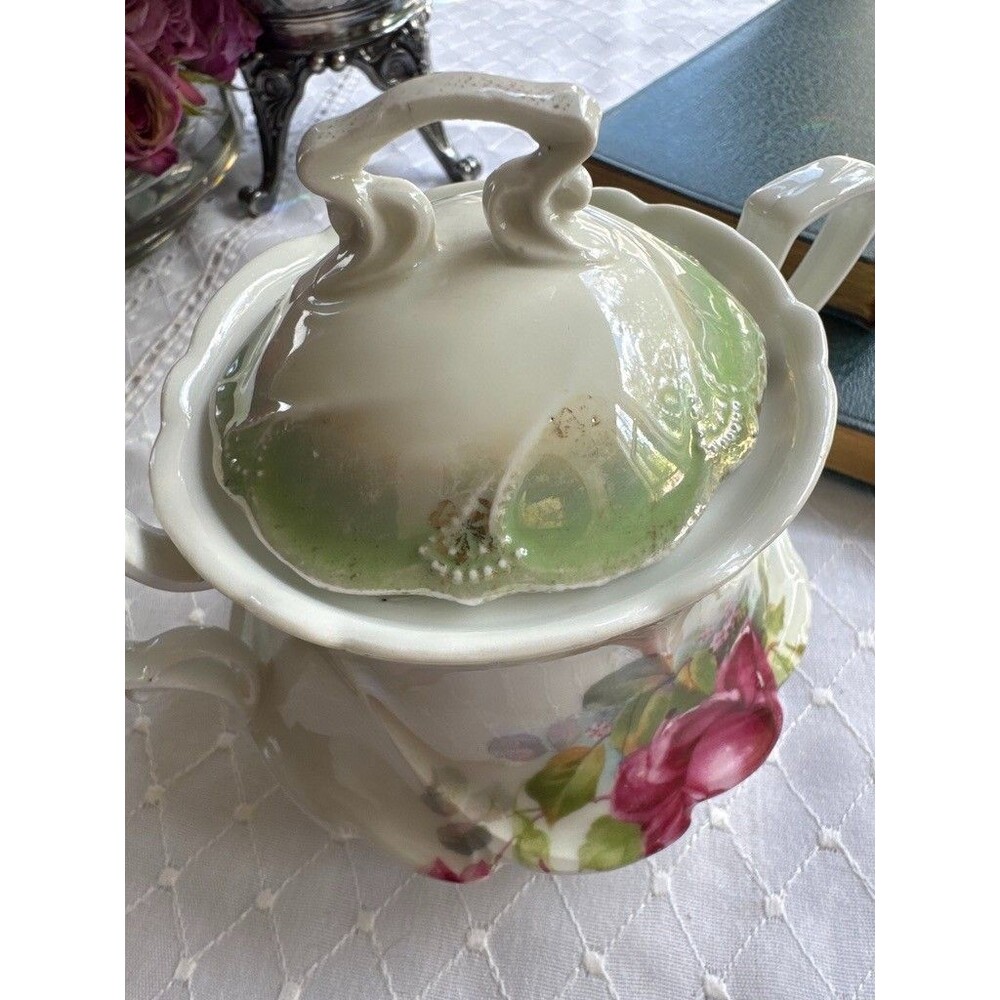 Antique Hand Painted Rose Porcelain Covered Sugar Bowl Art Nouveau Footed - Picture 3 of 16
